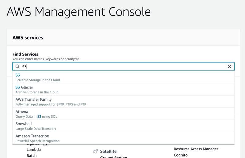 aws console search s3
